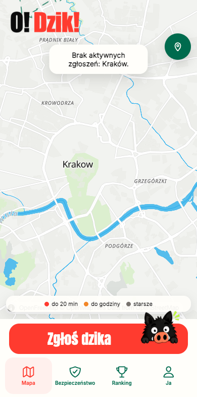 Podgląd mapy Krakowa w O! Dzik! w ramce iPhone’a: przycisk Zgłoś dzika i nawigacja aplikacji. Przykład widoku bez aktywnych zgłoszeń.